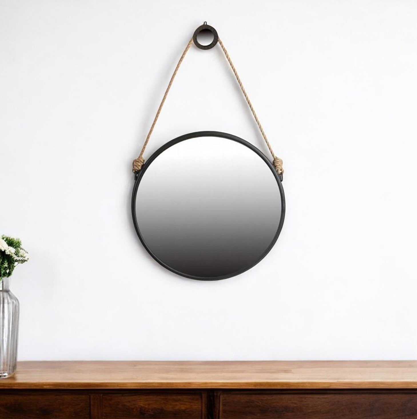 484991_12_F8GvtG7D Homeroots - 30" Black Fame Round Wall Hanging Accent Mirror with Rope - Image 1