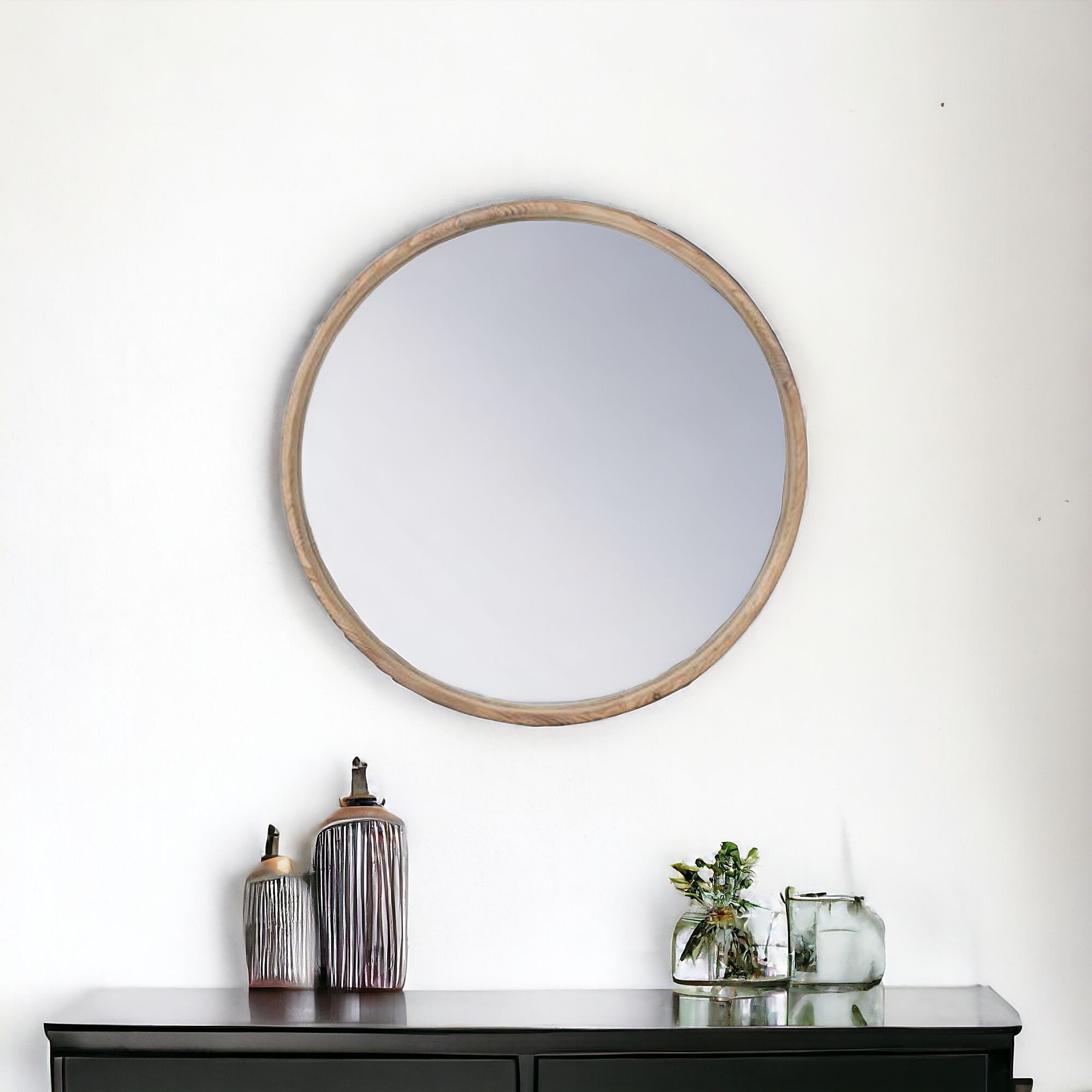 485002_6 Homeroots - 28" Natural Rustic Brown Wood Frame Round Wall Mounted Accent Mirror - Image 1