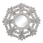 Homeroots - 24" White Floral Scrollwork Distressed Round Framed Accent Mirror - Image 2