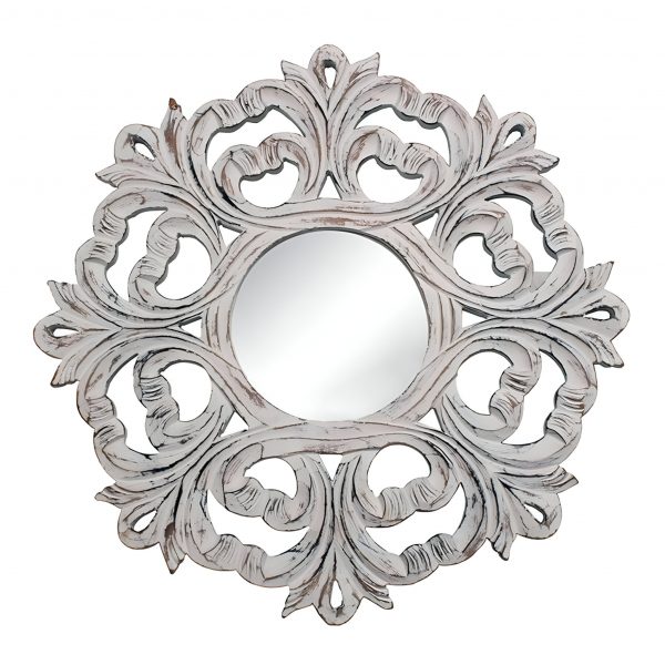 Homeroots - 24" White Floral Scrollwork Distressed Round Framed Accent Mirror - Image 2