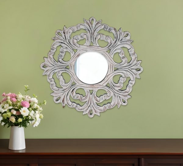 Homeroots - 24" White Floral Scrollwork Distressed Round Framed Accent Mirror - Image 1