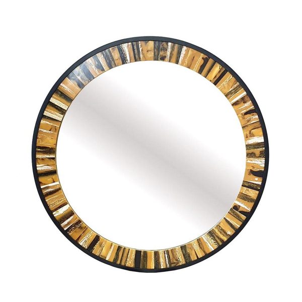 Homeroots - 32" Brown and Black Faux Stone Round Framed Accent Mirror - Image 2