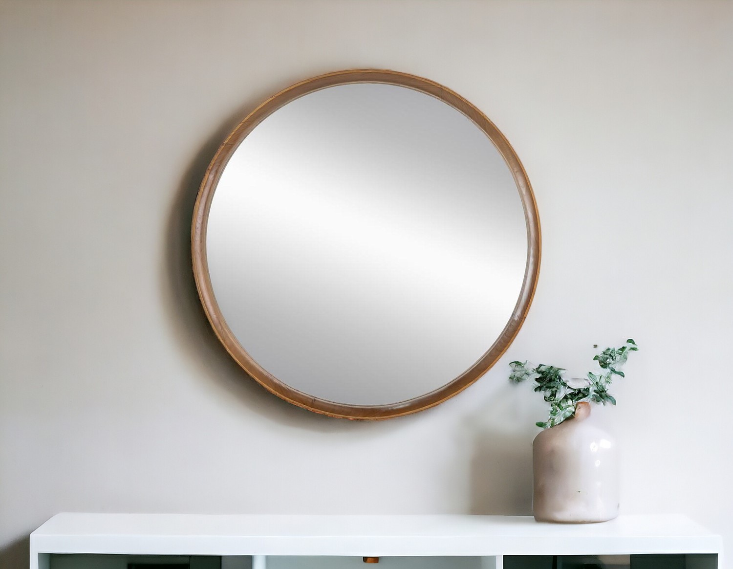 485081_8_7EevuNX9 Homeroots - 32" Brown Round Wood Framed Accent Mirror - Image 1