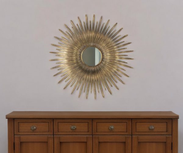 Homeroots - 28" Gold Sunburst Iron Framed Accent Mirror - Image 1
