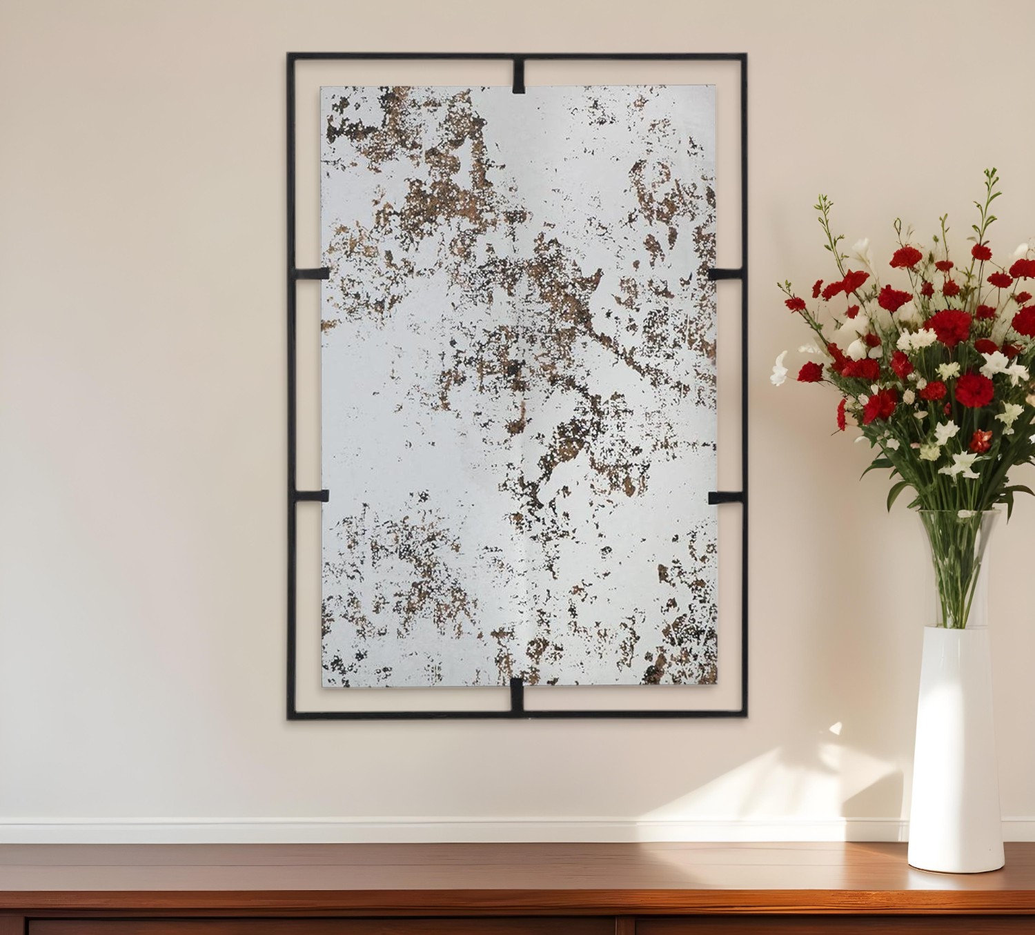 485089_10_RFYJhdE6 Homeroots - 32" Black Iron Framed Antiqued Glass Accent Mirror - Image 1