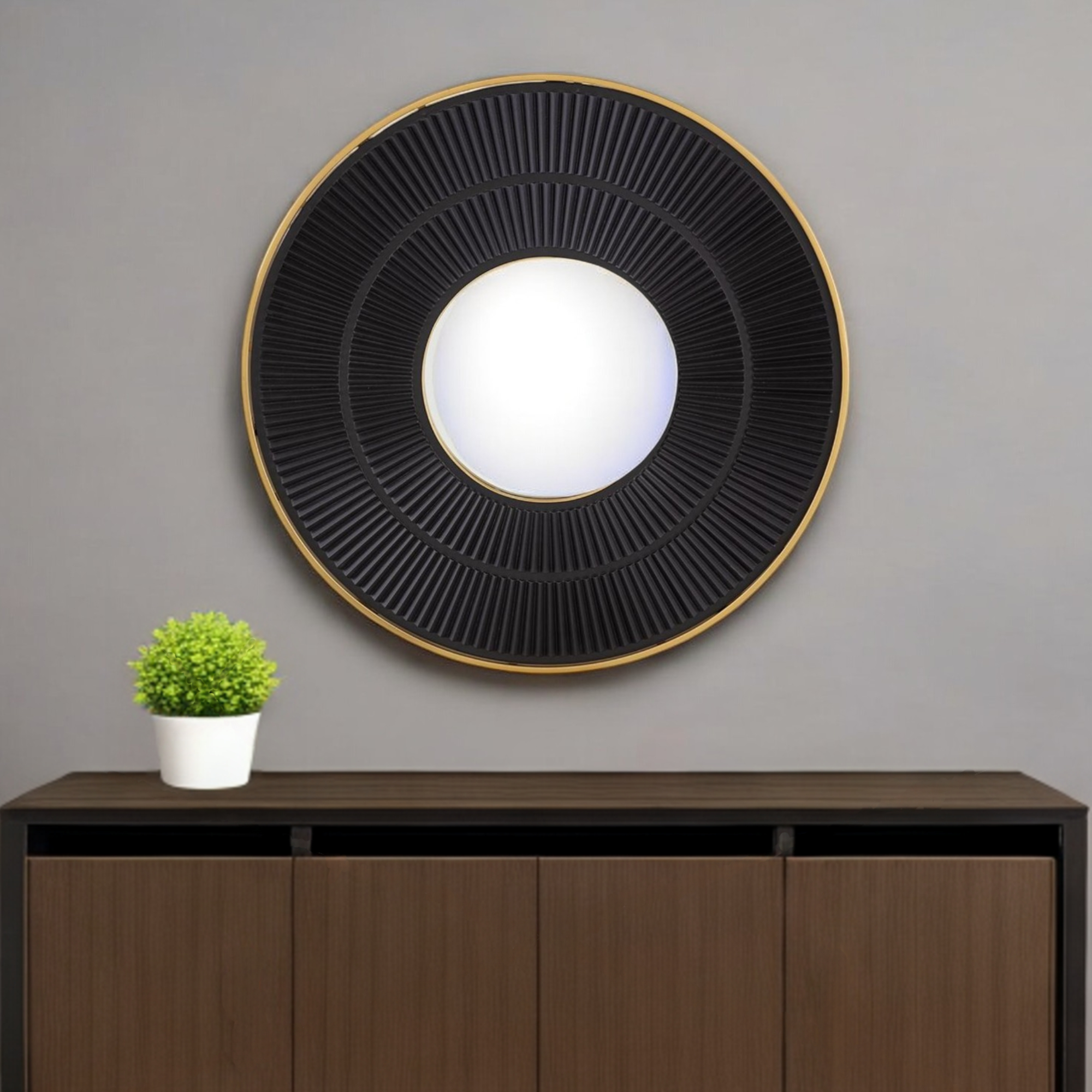 485111_10_FICxkCnU Homeroots - 32" Black And Gold Round Wood And Metal Framed Accent Mirror - Image 1