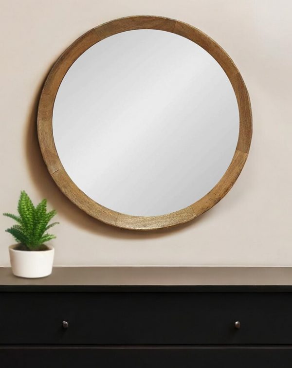 Homeroots - 20" Natural Round Wood Framed Accent Mirror - Image 1
