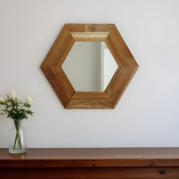 Homeroots - 19" Natural Hexagon Solid Wood Framed Accent Mirror - Image 1