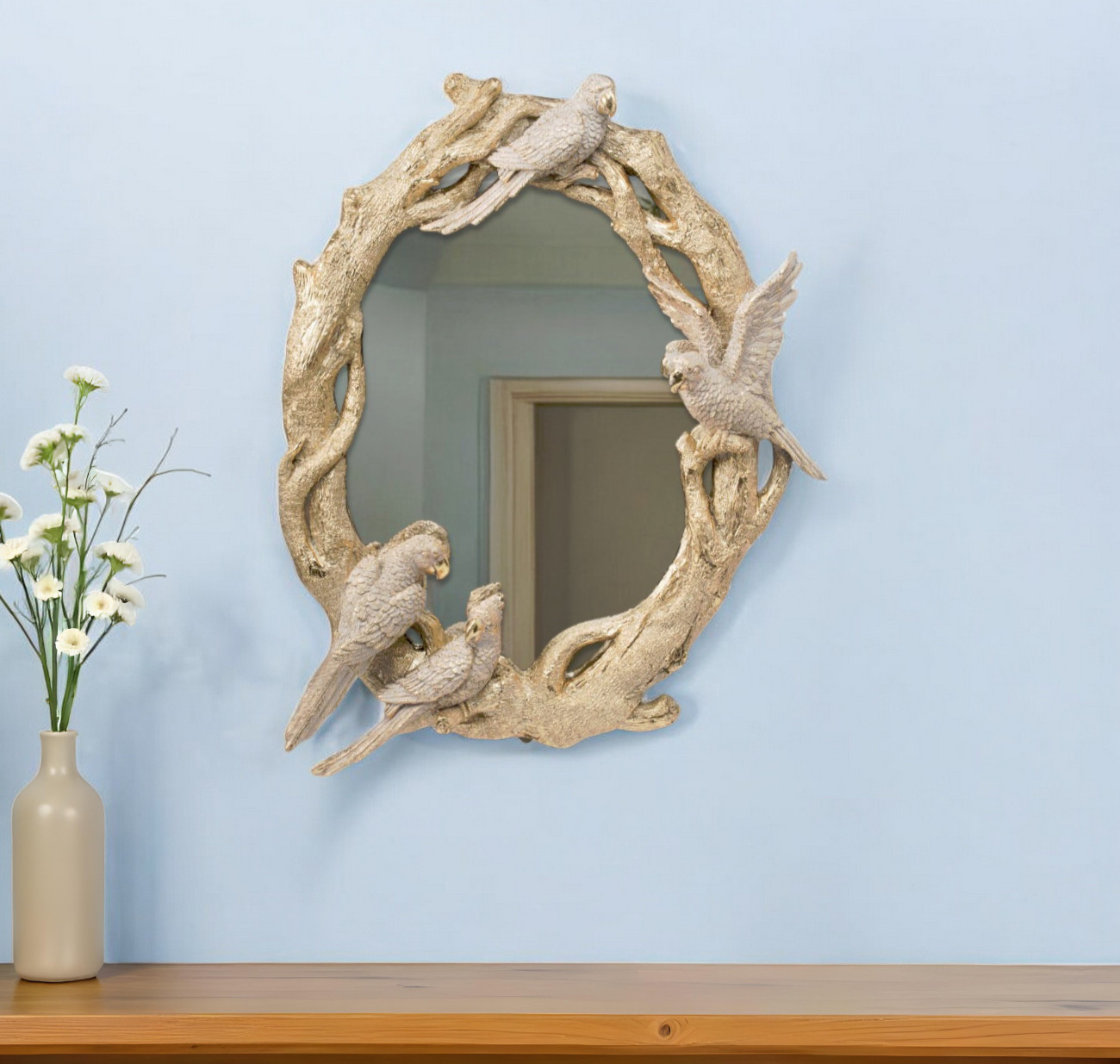 485125_9_bt0YQc8c Homeroots - 22" Gold Birds and Branches Resin Framed Accent Mirror - Image 1