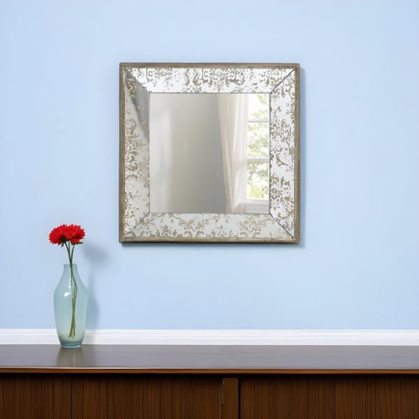 Homeroots - 15" Brown Square Framed Antiqued Damask Accent Mirror - Image 1