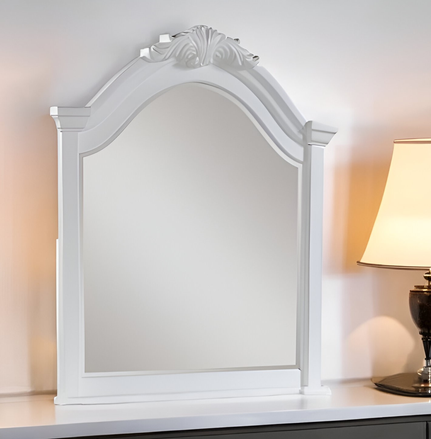 486460_10_MgzYSwvE Homeroots - 43" White Crowned Top Wood Framed Mounted Dresser Mirror - Image 1