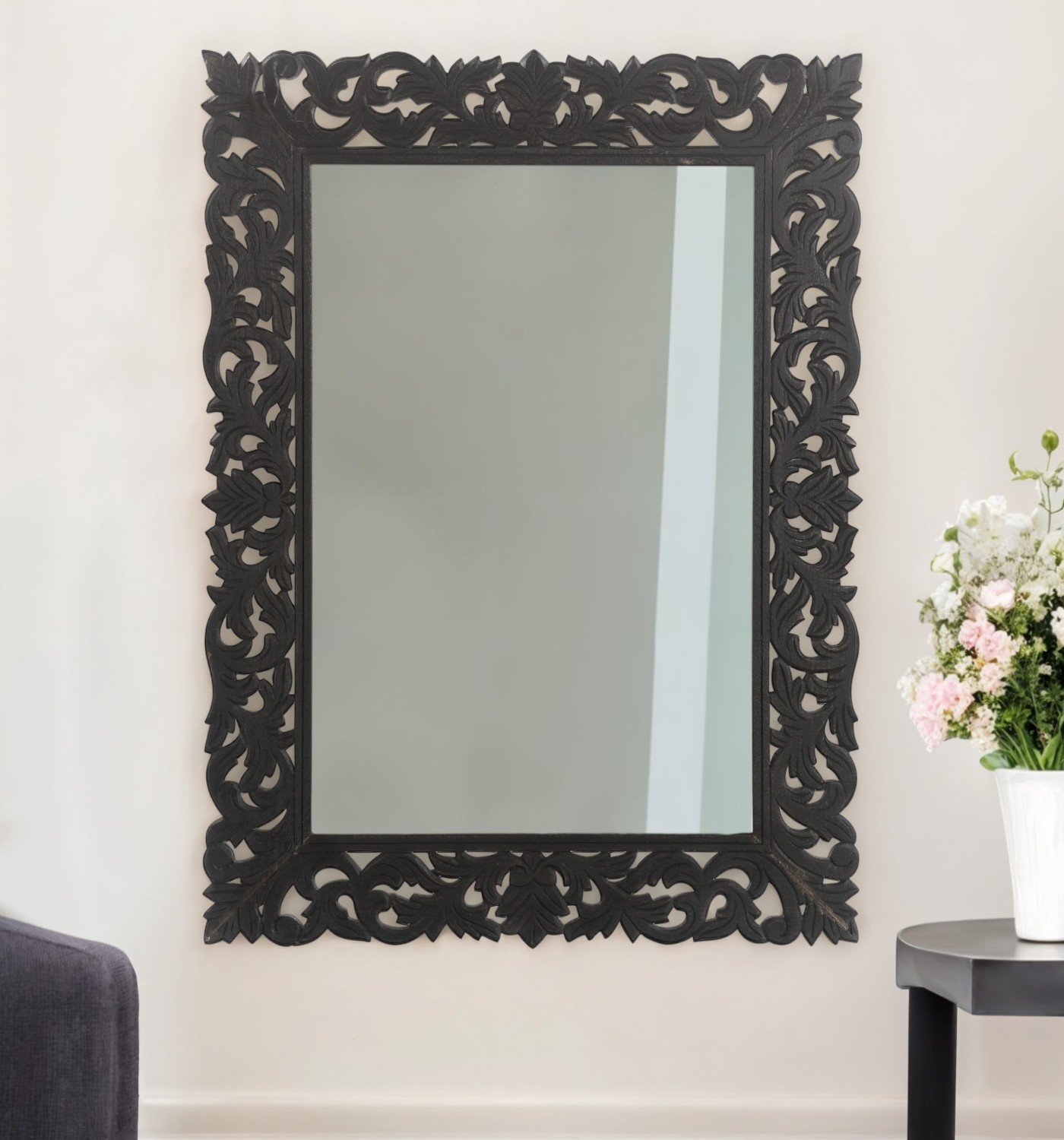521567_10_eaLDGtrz Homeroots - 47" Black Floral Carved Solid Wood Framed Accent Mirror - Image 1