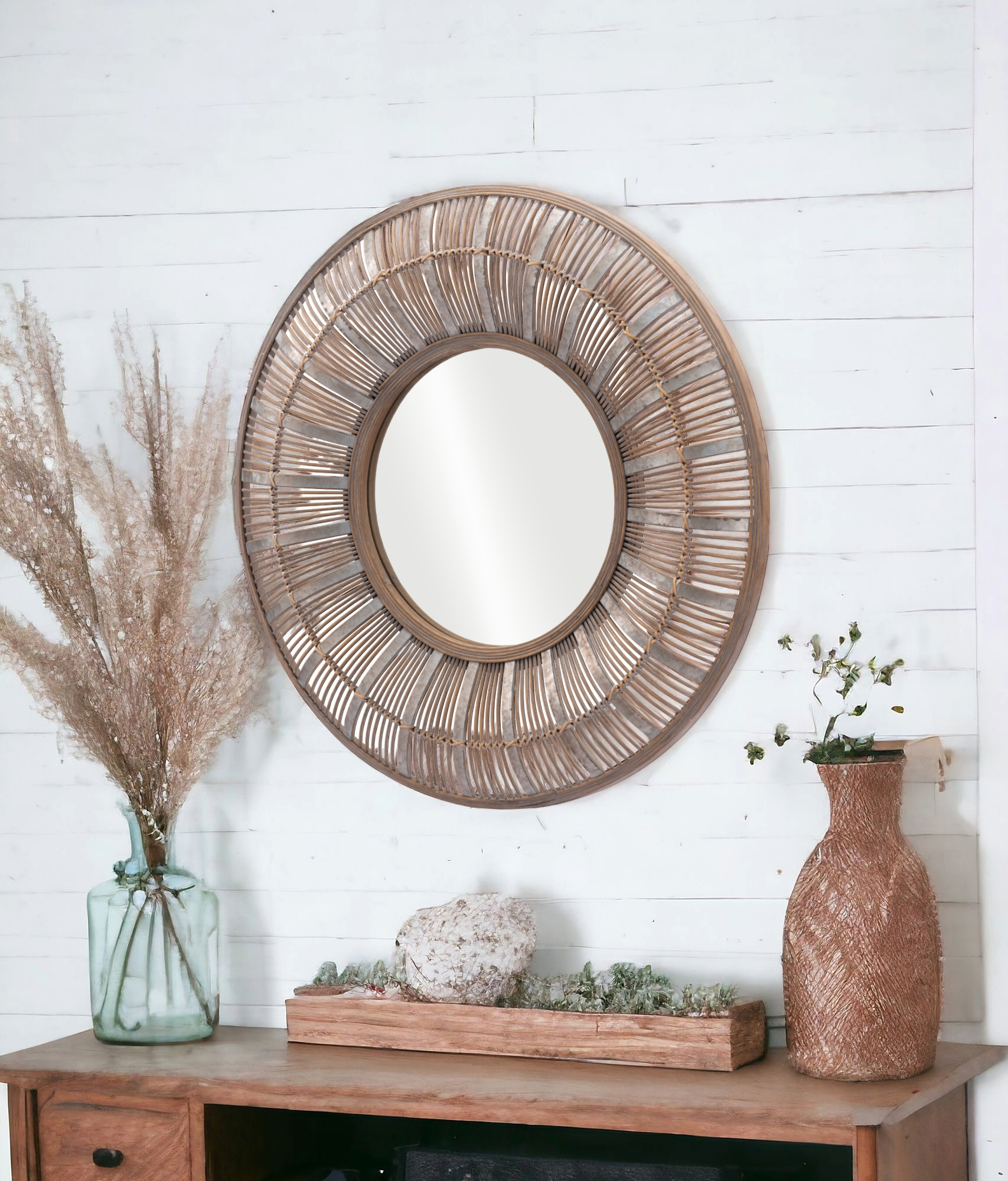 524079_8 Homeroots - 32" Brown Round Accent Mirror - Image 1