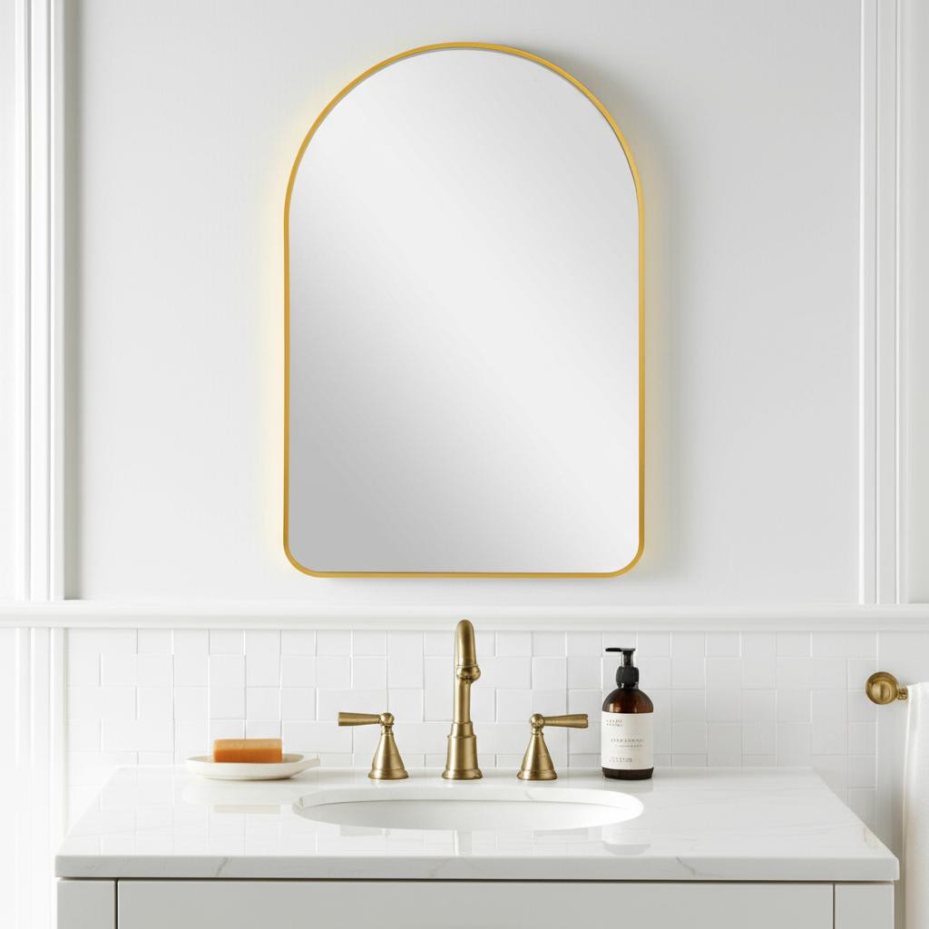 562894_11_o624YG75 Homeroots - 39" Gold Arch Metal Framed Bathroom Vanity Mirror - Image 1