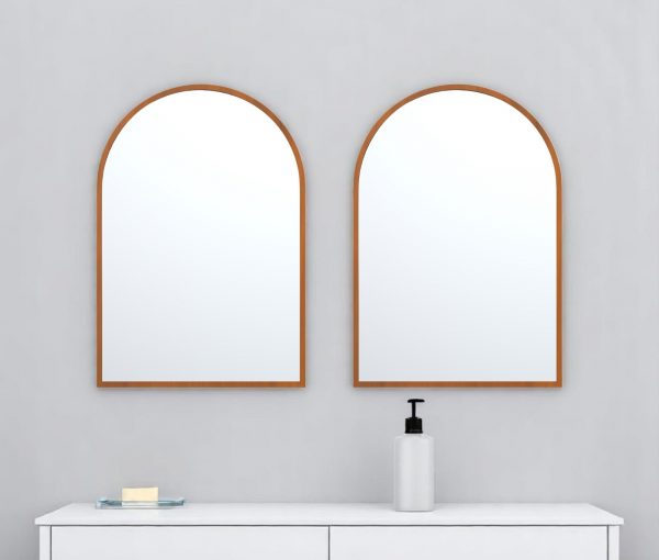 Homeroots - Set of Two Walnut Arch Wood Framed Bathroom Vanity Mirrors - Image 1