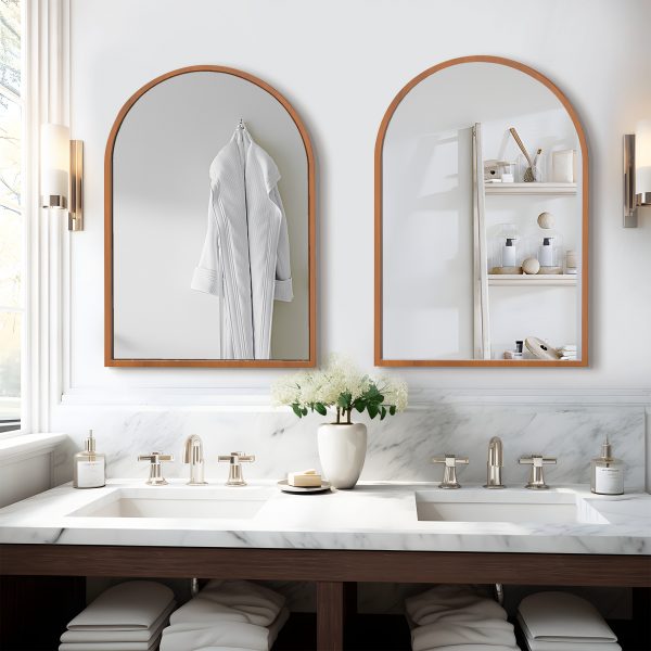 Homeroots - Set of Two Walnut Arch Wood Framed Bathroom Vanity Mirrors - Image 8