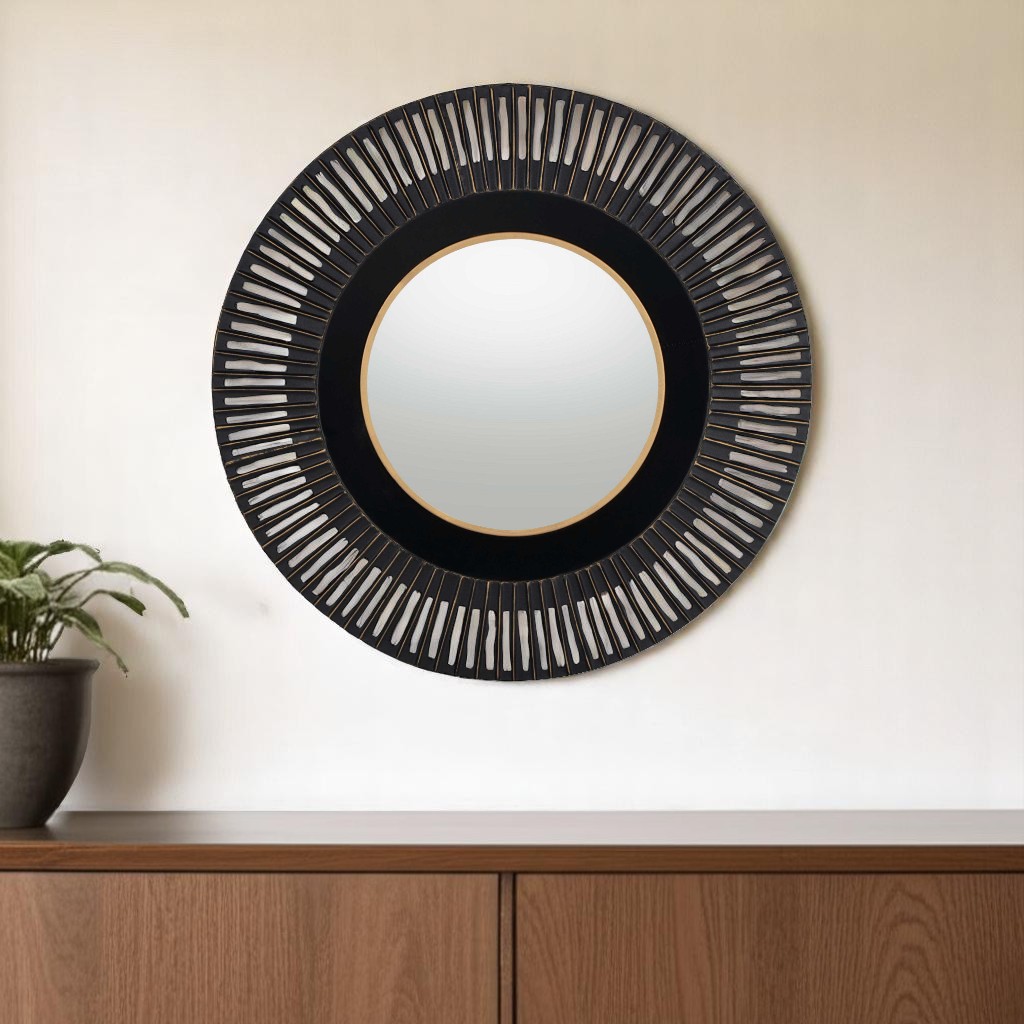 574037_11_LFXNS1kZ Homeroots - 36" Black Metal Round Pierced Accent Mirror - Image 1