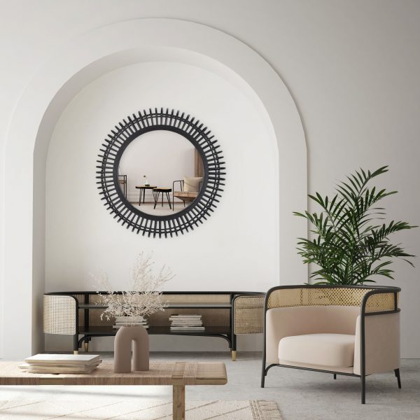 Homeroots - 31" Black Bamboo Pierced Round Accent Mirror - Image 9