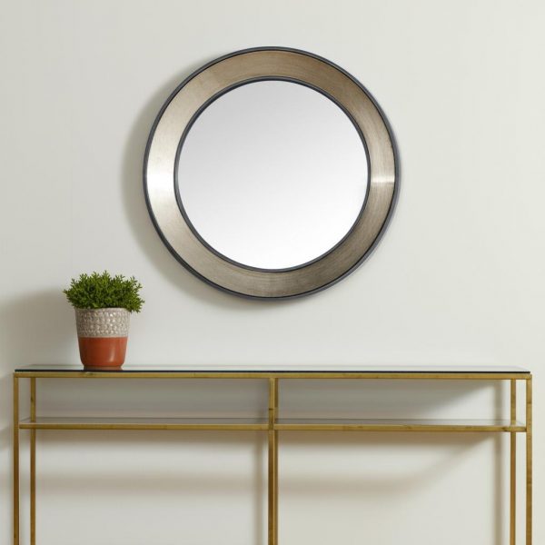Homeroots - 22" Champagne And Dark Brown Metal And Solid Wood Round Framed Accent Mirror - Image 1