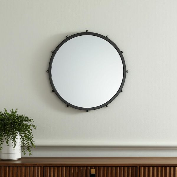 Homeroots - 25" Black Metal Beaded Round Framed Accent Mirror - Image 1