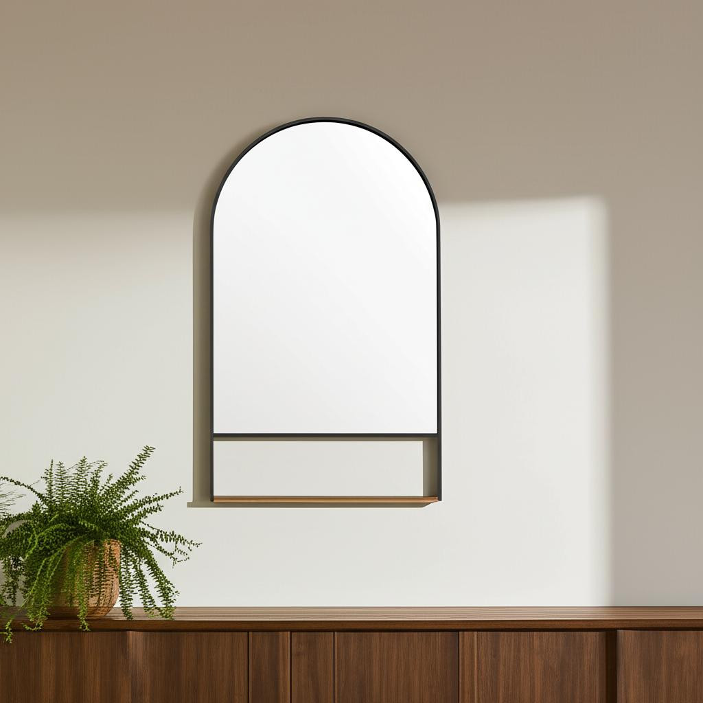 607275_5_Nliuteju Homeroots - 40" Black Metal Arch Framed Accent Mirror With Shelf - Image 1