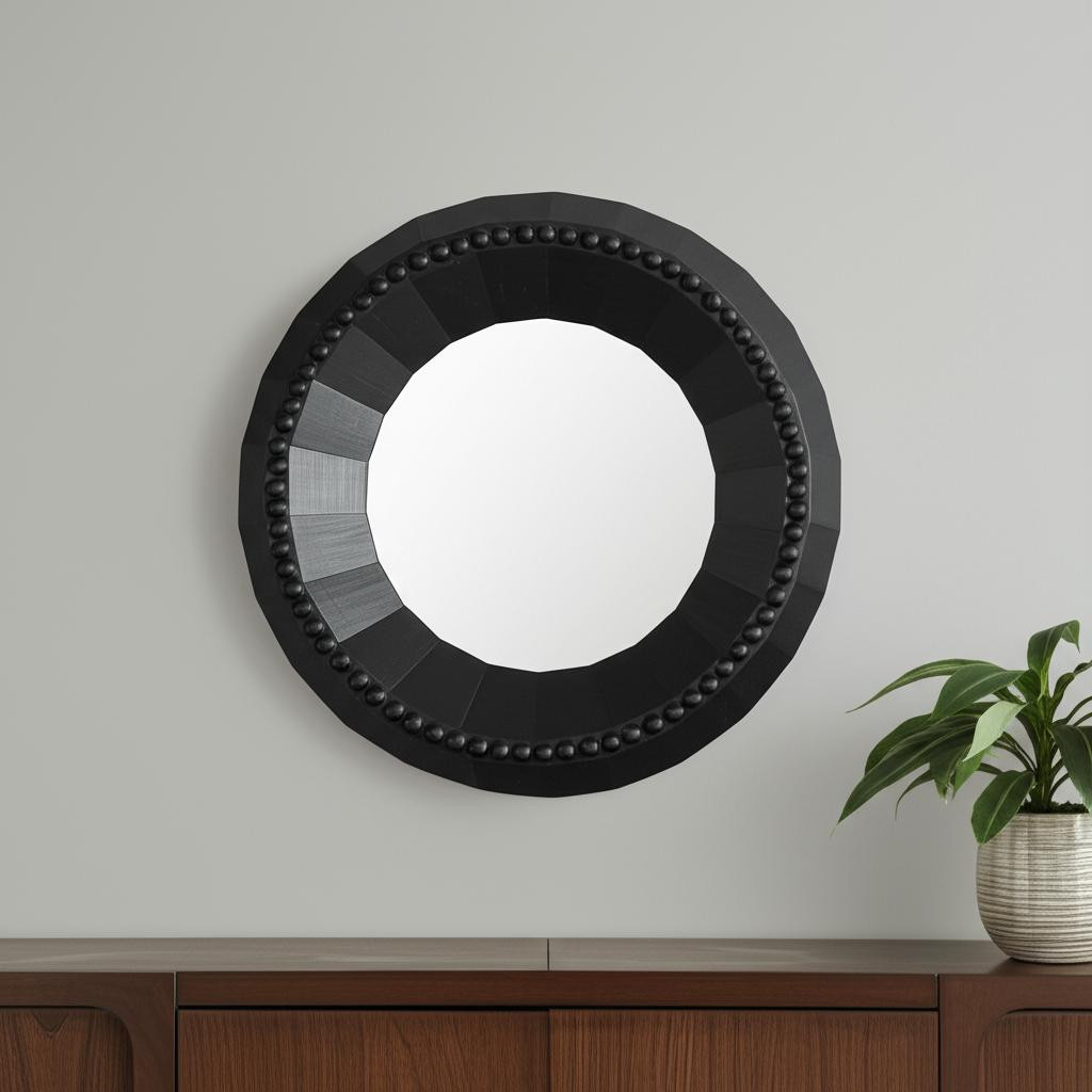 607304_5_qiJEOWG5 Homeroots - 30" Black Solid Wood Faceted And Beaded Round Framed Accent Mirror - Image 1