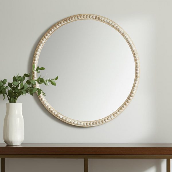 Homeroots - 30" Natural Solid Wood Beaded Round Framed Accent Mirror - Image 1