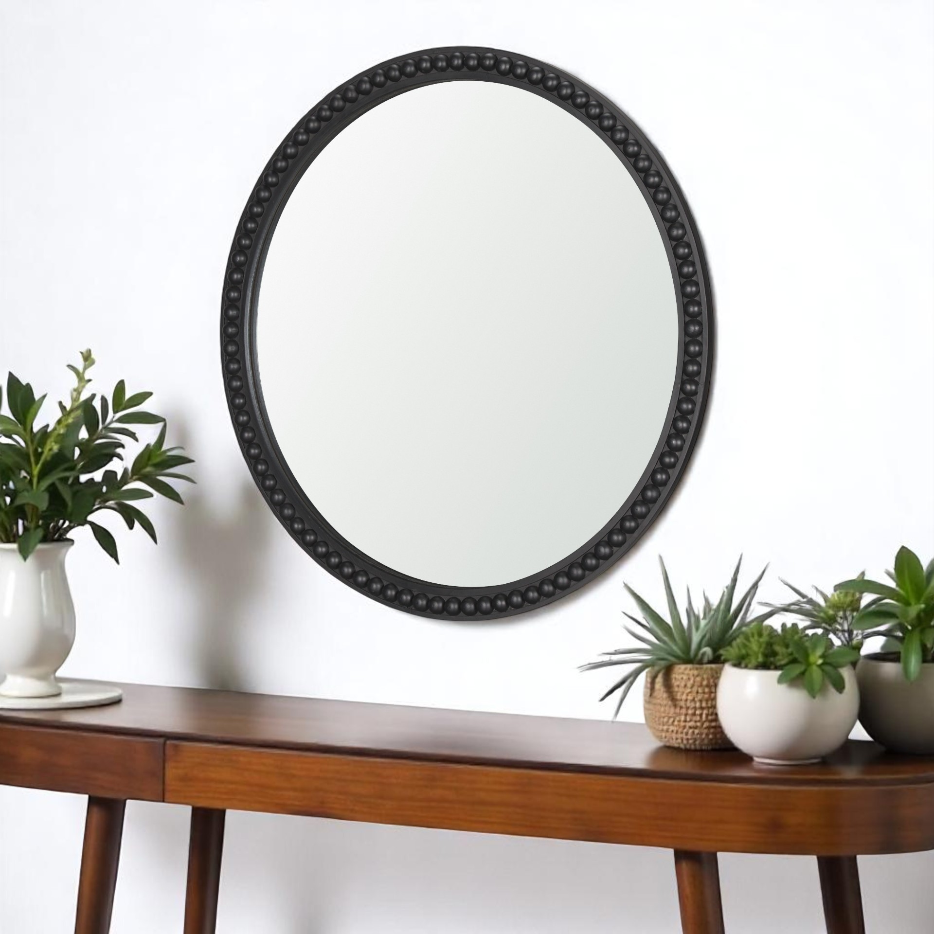 607307_7_g2Zh2LCt Homeroots - 30" Black Solid Wood Beaded Round Framed Accent Mirror - Image 1