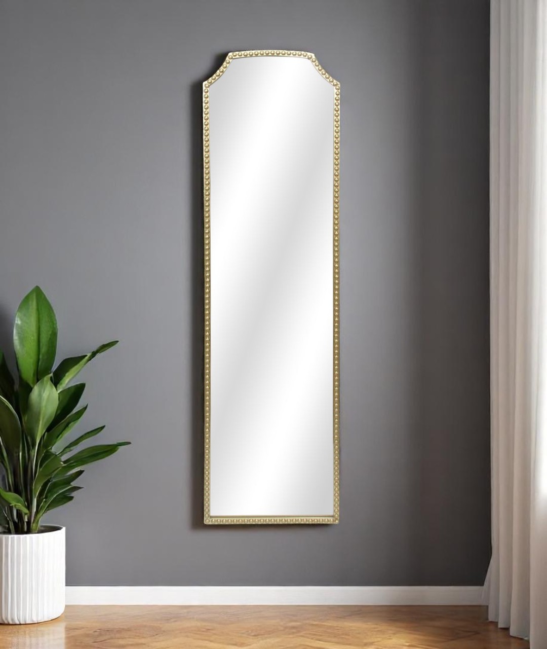 632351_13_6mLH0CtX Homeroots - 64" Gold Metal Beaded Arch Full Length Hanging Mirror - Image 1
