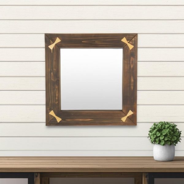 Homeroots - 22" Brown Wood With Gold Bows Square Accent Mirror - Image 1