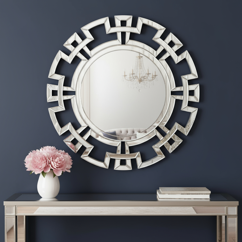 642841_12_177GhwoP Homeroots - 32" Silver Glass Round Art Deco Geo Framed Accent Mirror - Image 1